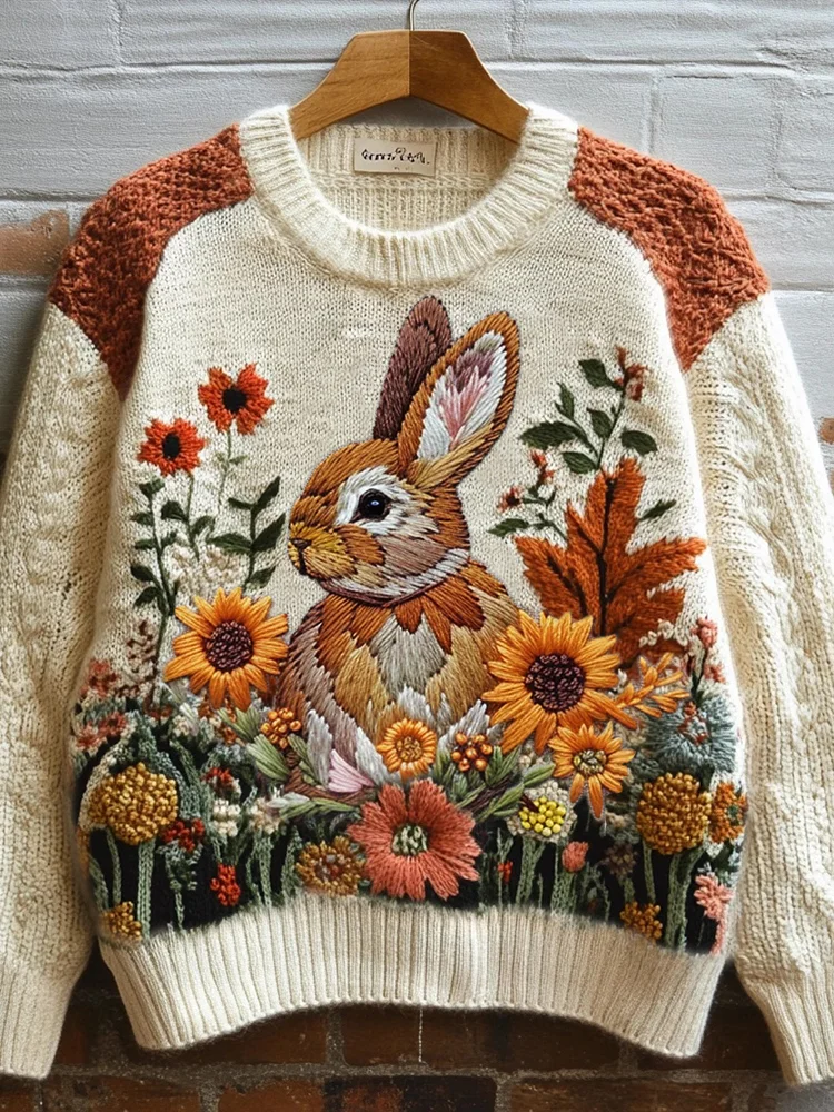 Utbros Fall Bunny Floral Embroidered Vintage Cozy Knit Sweater