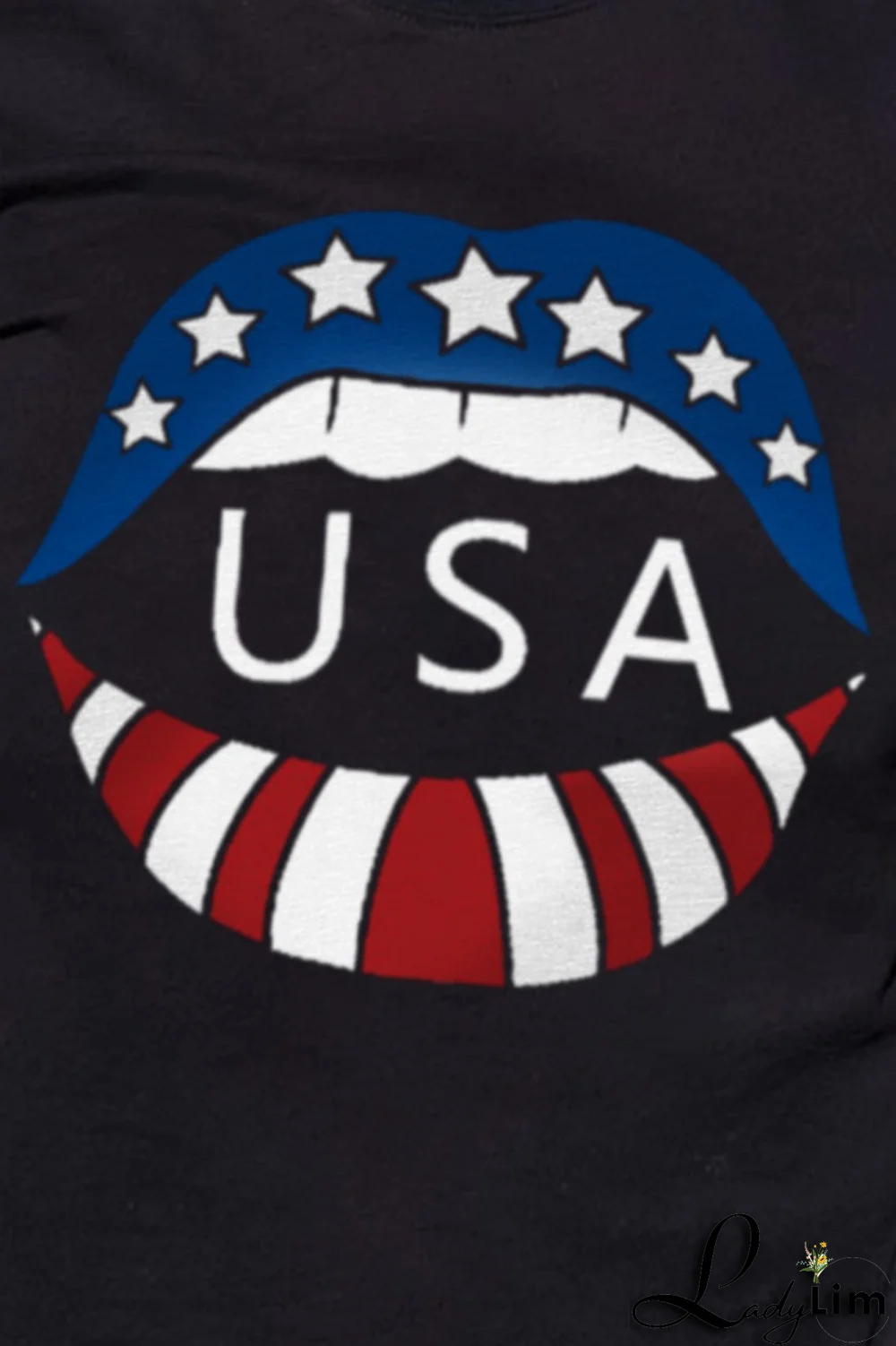 Black Fashion Casual Lips Printed Split Joint Letter O Neck T-Shirts