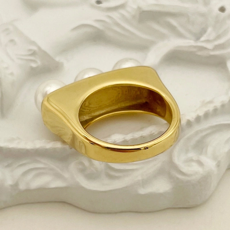 Fashion Geometric 304 Stainless Steel Pearl 14K Gold Plated Plating Inlay Stainless Steel Rings
