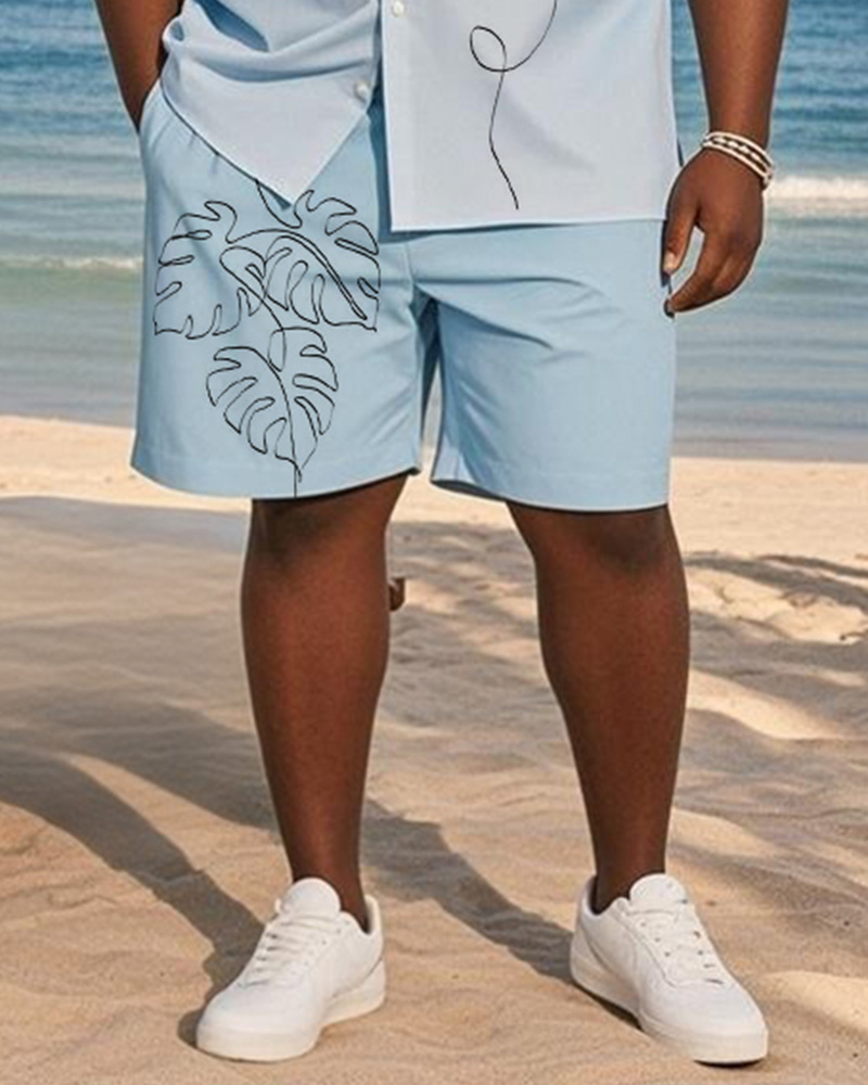 Big & Tall Men's Hawaiian Vacation Blue Gradient Line Leaf Print Shirt Shorts Suit