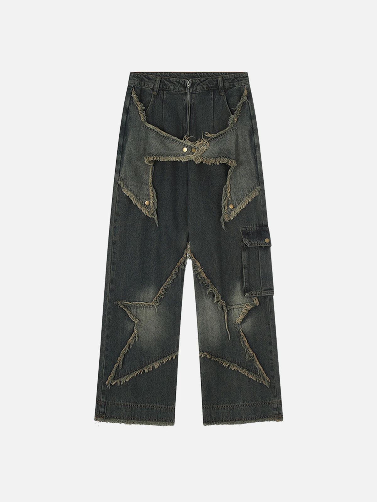 Blue Act Chic Distressed Patchwork Star Loose Jeans Front
