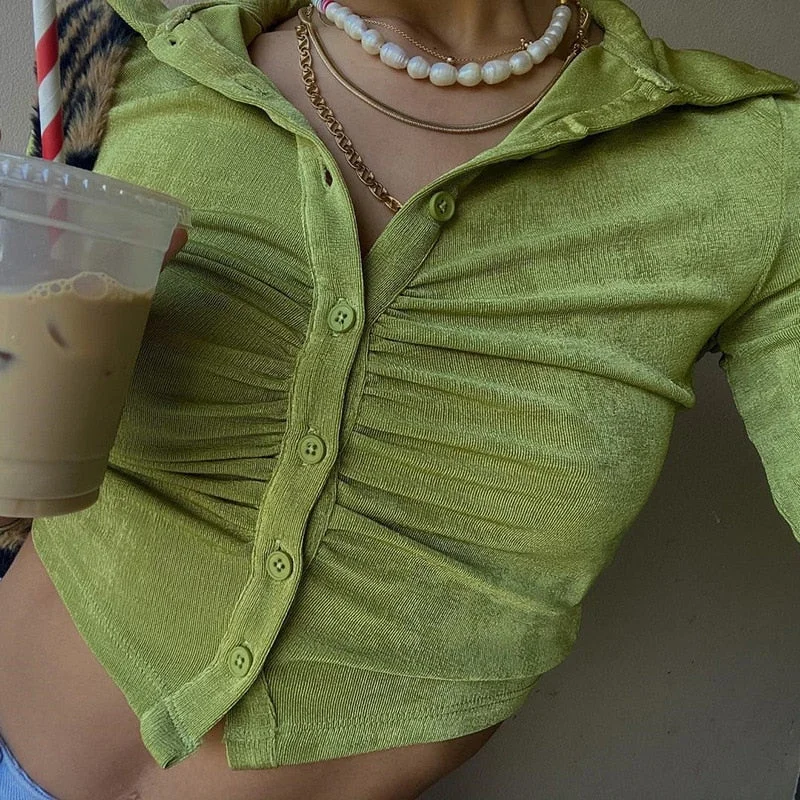 Articat Autumn Long Sleeve Buttons Ruched T-Shirts Women Sexy Turn-Down Collar Slim Crop Tops Femme Fashion High Street T Shirt