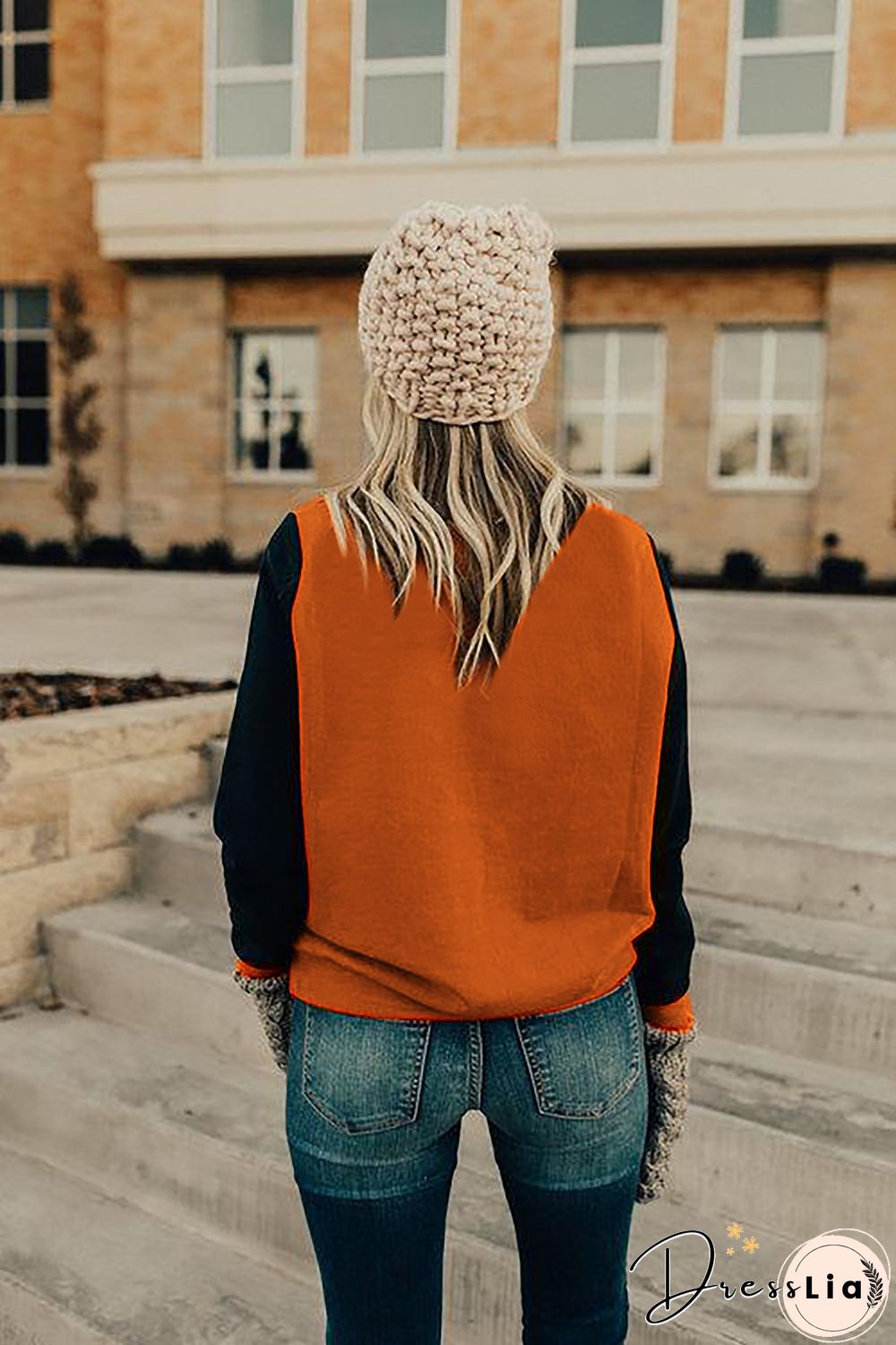 Red Long Sleeve Round Neck Stitching Top