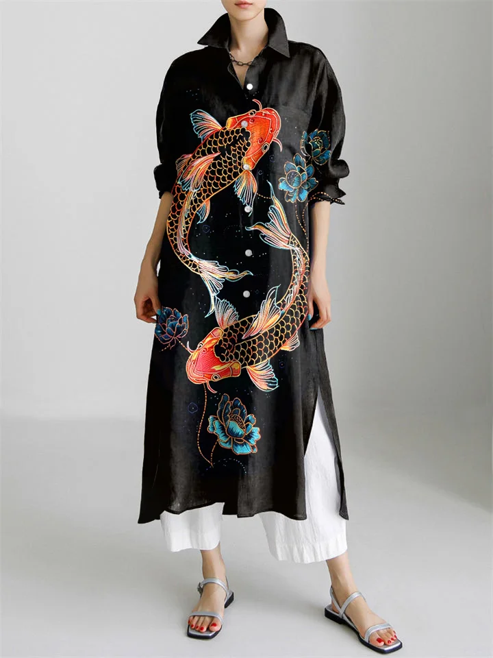 Japanese Art Flower Koi Fish Print Long Sleeve Slit Shirt Dress