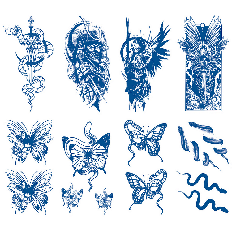 8 Sheets Swordsman Butterfly Snake Half Arm Juice Ink Semi-Permanent Tattoo Lasts 15 days
