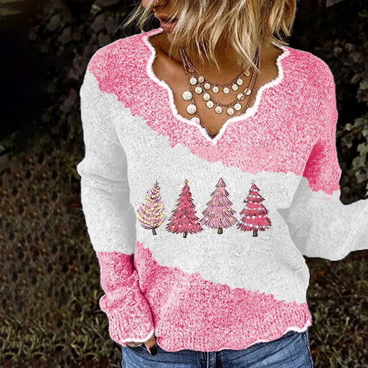 Christmas Print Lace Neck Sweater