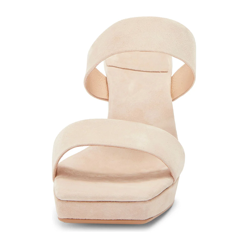 Vegan Suede Square Toe Platform Two Strap Mules Sandals in Beige