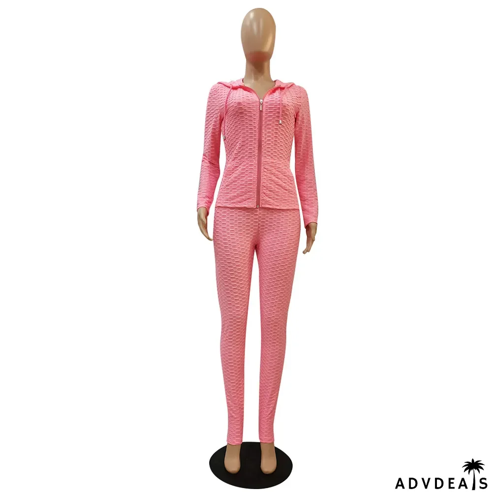 Solid Hooded Long Sleeve Zipper 2 Piece Pants Set