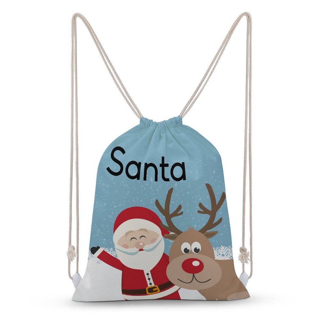 Custom Santa And Reindeer Blue Drawstring Backpack