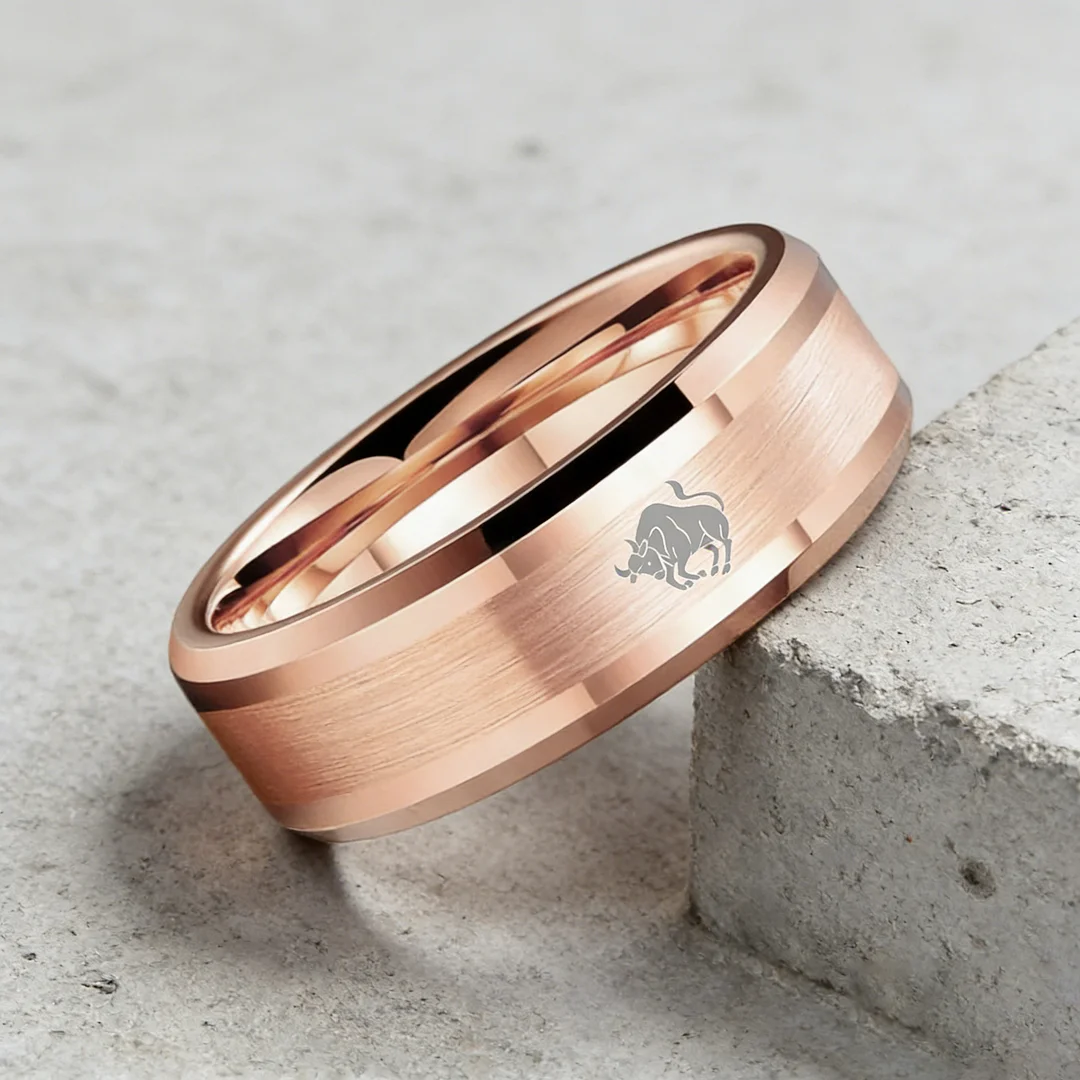 Mens Womens Rose Gold Taurus Tungsten Carbide Rings Rose Gold Edges and Laser Etched Wedding Band Comfort Fit 4MM 6MM 8MM Width