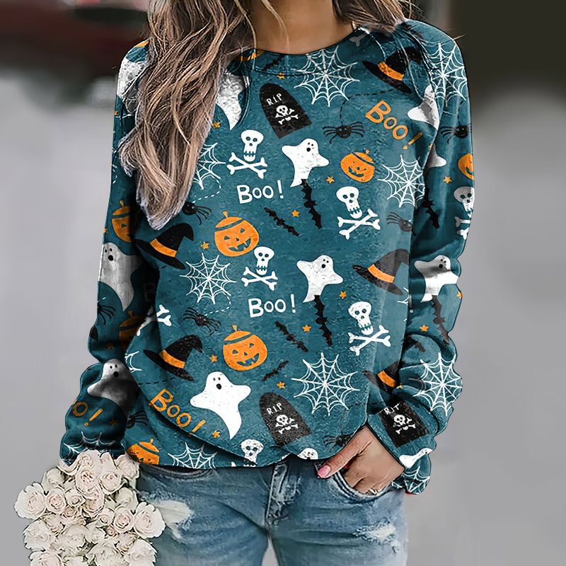 Boo! Ghost Skull Pumpkin Printed Crew Neck Women's Halloween Sweatshirt