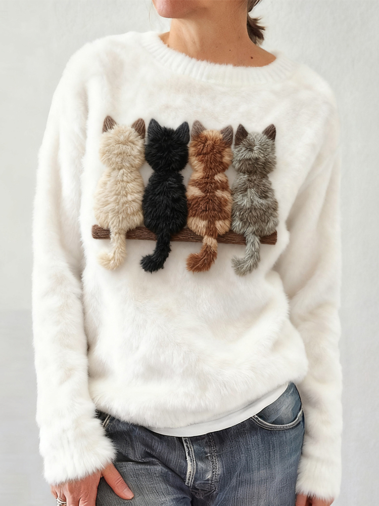 Cute Cats Embroidered Round Neck Cozy Plush Sweatshirt elevenforest