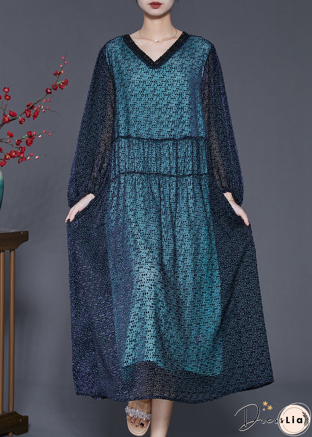 Handmade Blue V Neck Print Silk Maxi Dresses Spring