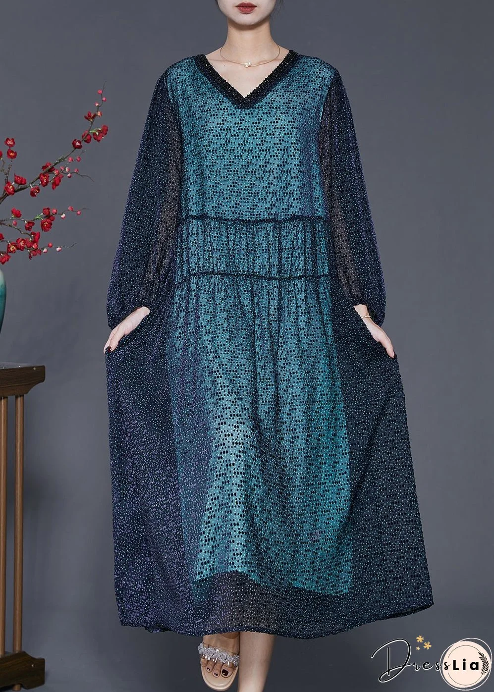 Handmade Blue V Neck Print Silk Maxi Dresses Spring