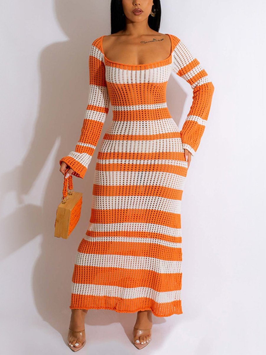 Square Neck Knit Hollow Out Striped Maxi Dress