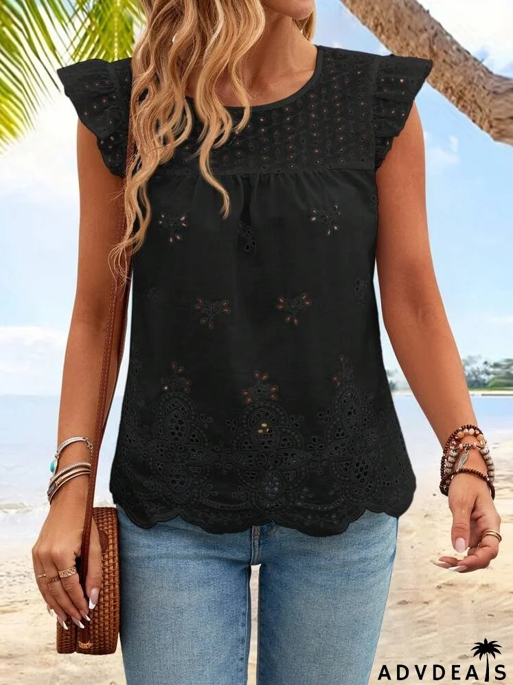 Women Round Neck Ruffle Sleeve Casual Hollow Out Design Blouse