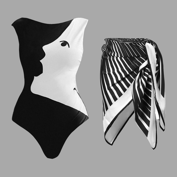 Black and White Contrast Face Printed One Piece Swimsuit and Sarong（Shipped on Jul 20th）
