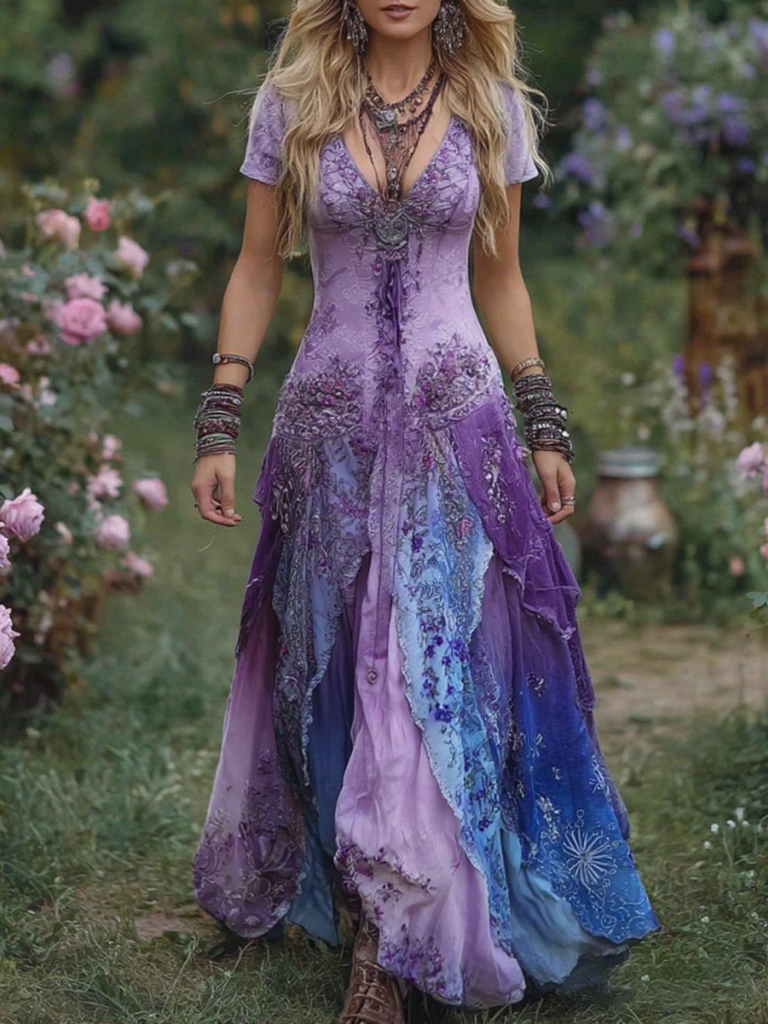 Vintage Gradient Purple Floral Embroidered Linen Maxi Dress