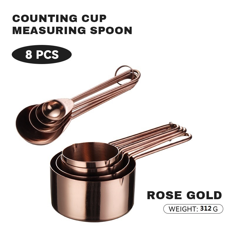 430 Stainless Steel Measuring Cup Measuring Spoon Suit 8-piece Rose Gold Wire Handle Measuring Spoon Measuring Cup 4-piece Set With Scale Gold