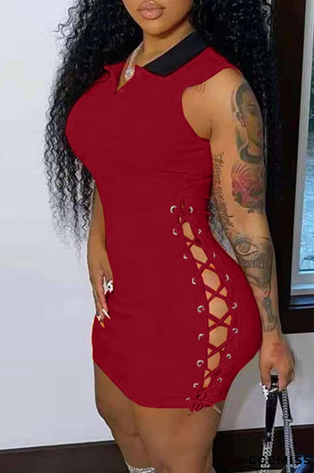 Burgundy Fashion Sexy Solid Hollowed Out Turndown Collar Sleeveless Dress | EGEMISS