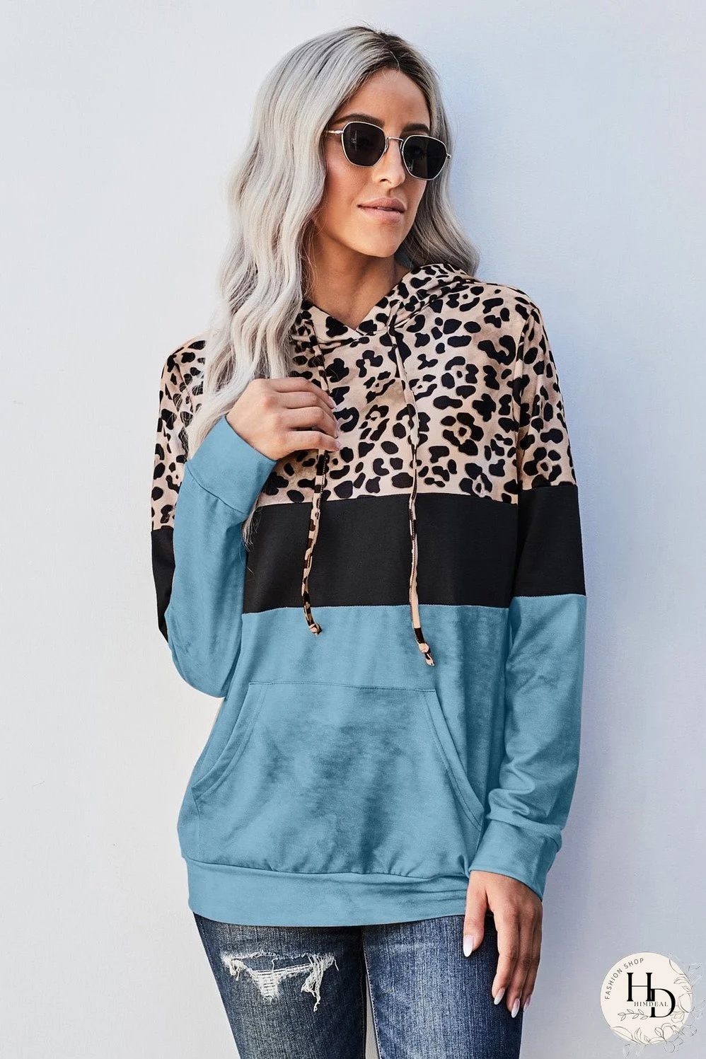 Blue Leopard Tie Dye Colorblock Hoodie