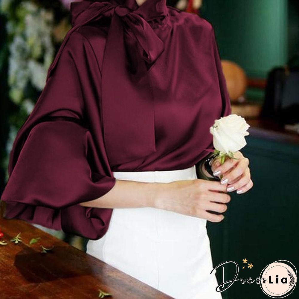 Fashion Elegant Women Blouse Casual High Collar Lantern Sleeve Blusas Bow Tops OL Office Lady Shirt Plus Size