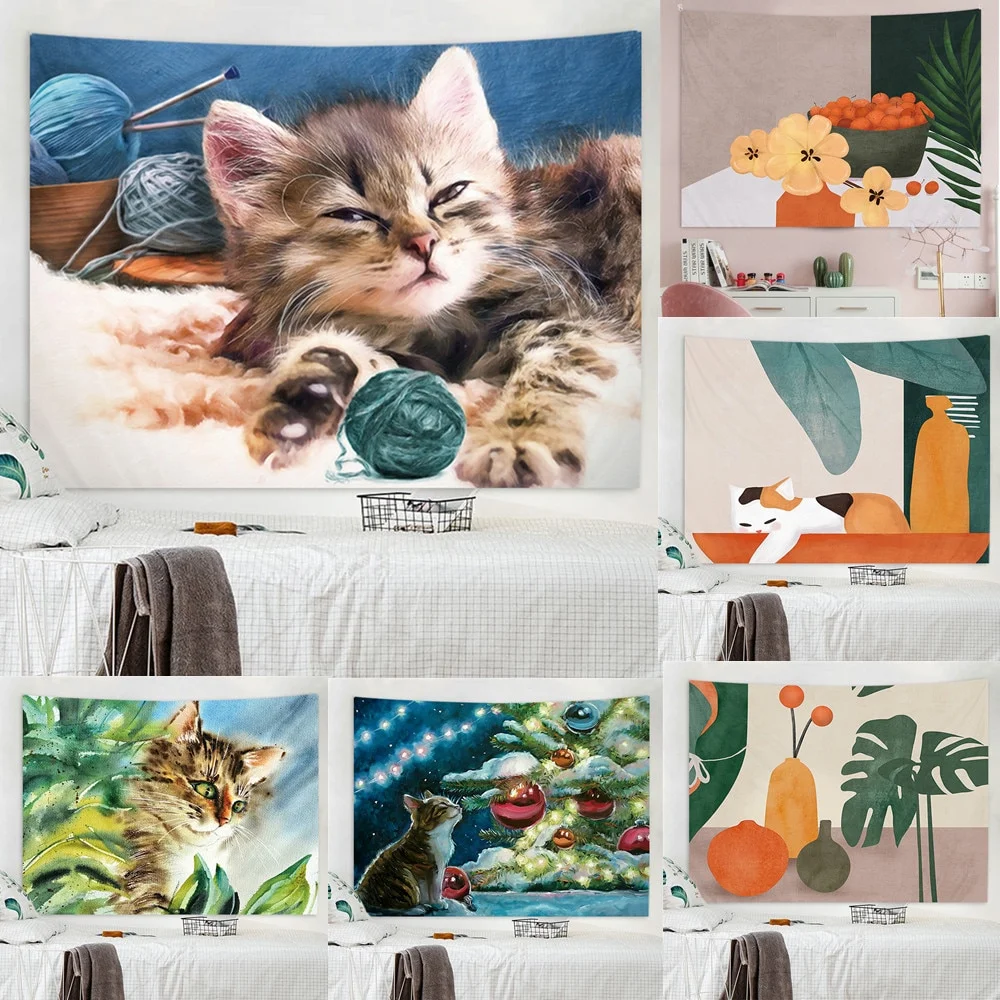 Nigikala Warm Color Plant Playing Yarn Ball Cat Print Tapestry Wall Aesthetic Tapestry Wall Tapestry Christmas Tree Wall Decor