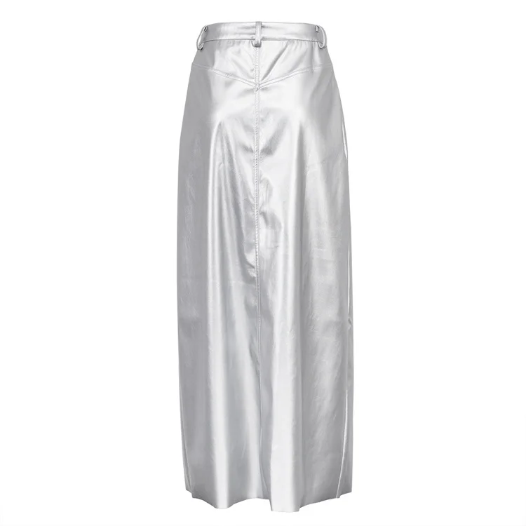 Churchf Churchf 2023 New Silver Slim Buttock Skirt Slit PU Leather Skirt Woman