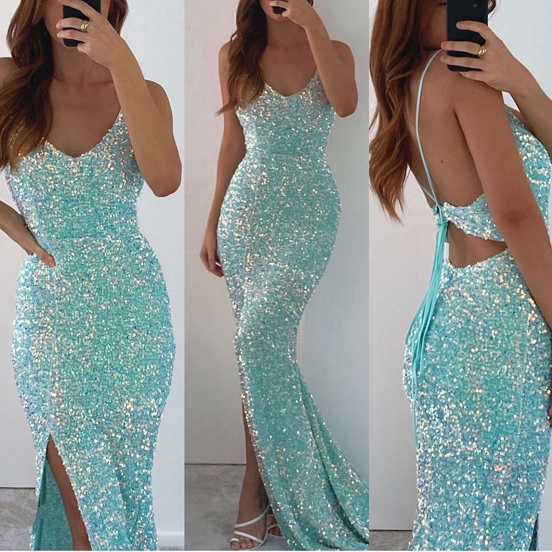 Spaghetti-Straps Long V-Neck Mermaid Prom Dress Split With Sequins | Ballbellas Ballbellas