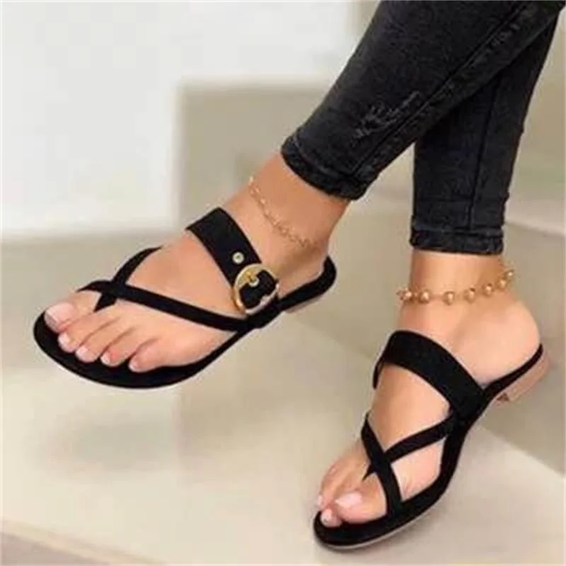 Yyvonne Cool Slippers Women's 2025 Spring Round Head Casual Clip Metal Belt Buckle Flat Bottom Slippers