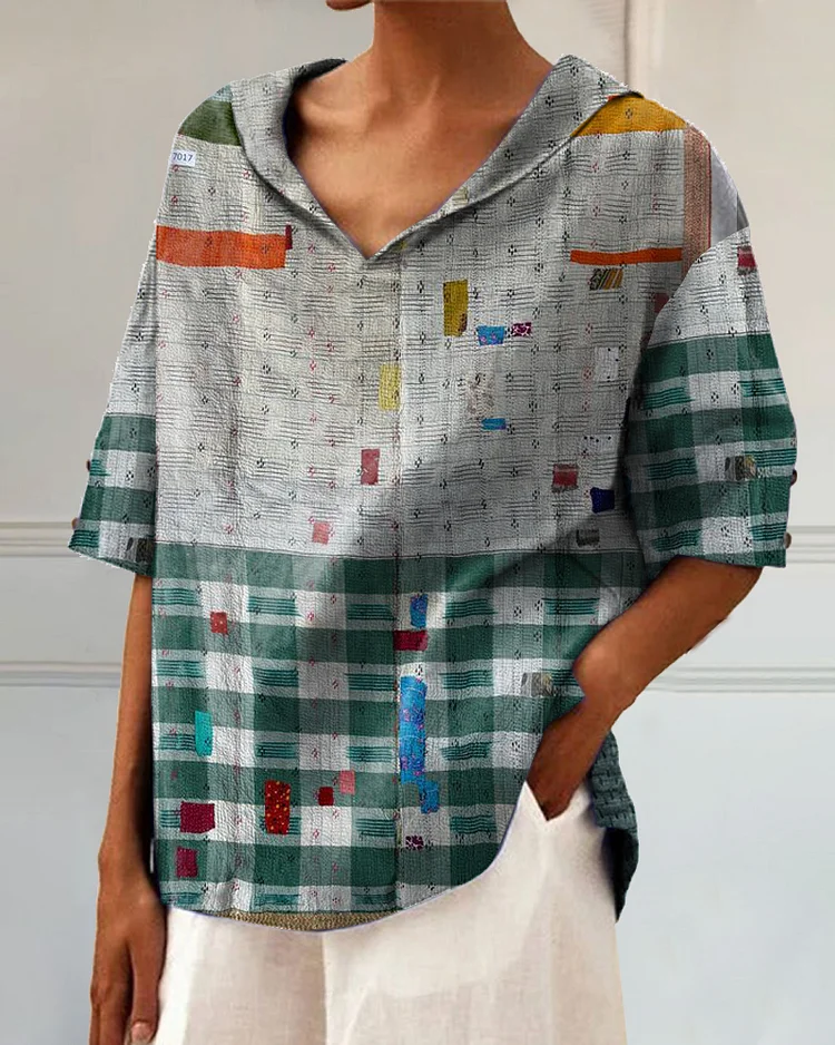 Women's  Boro Patchwork Print Casual Linen V-neck Shirt