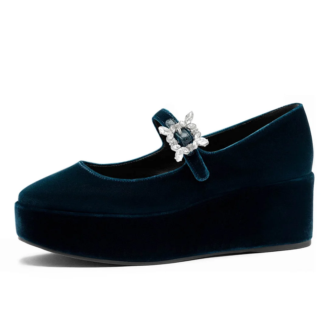 Teal Velvet Rhinestone Buckle Strap Wedge Heel Mary Jane Shoes