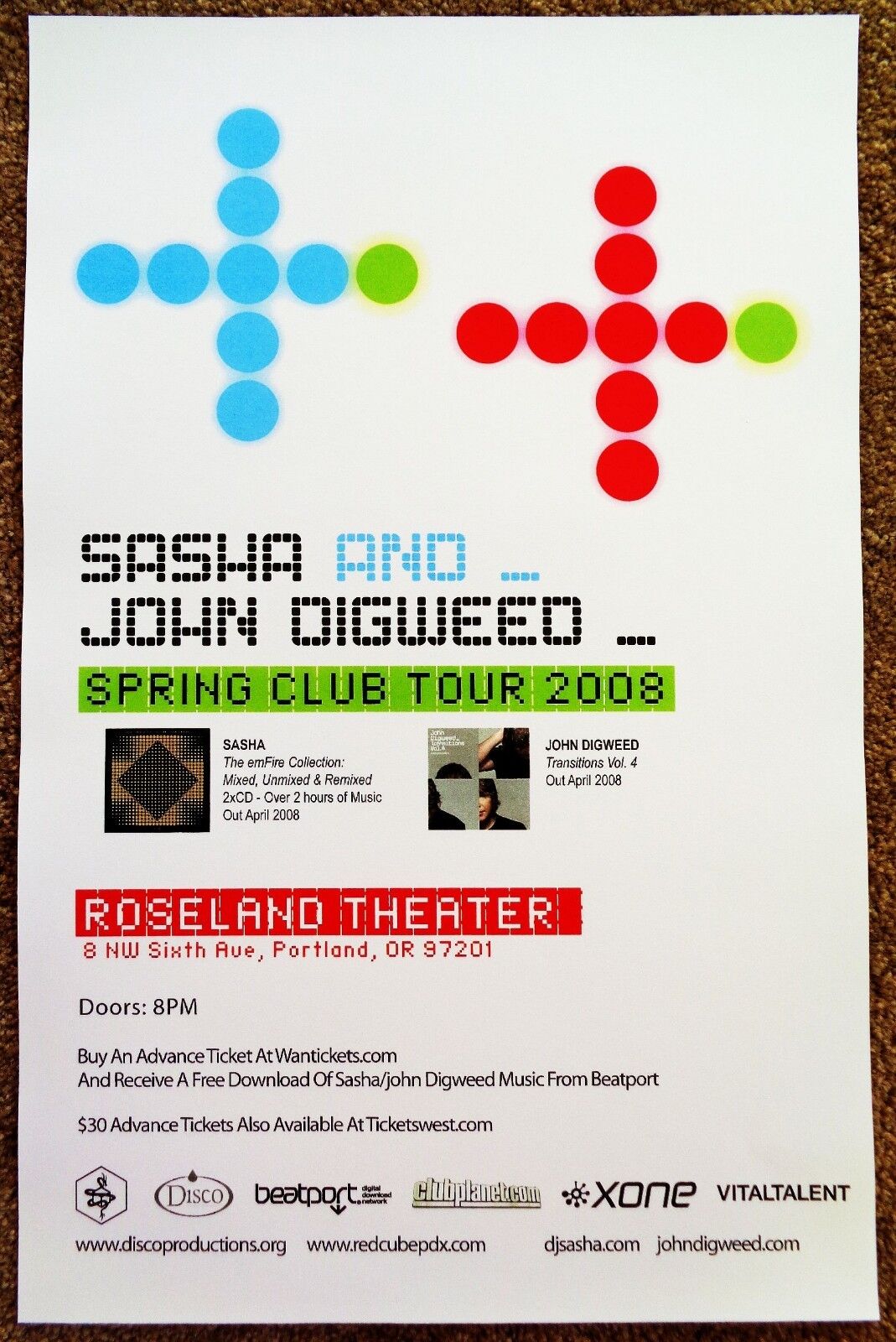 SASHA & JOHN DIGWEED 2008 Gig POSTER Portland Oregon Concert