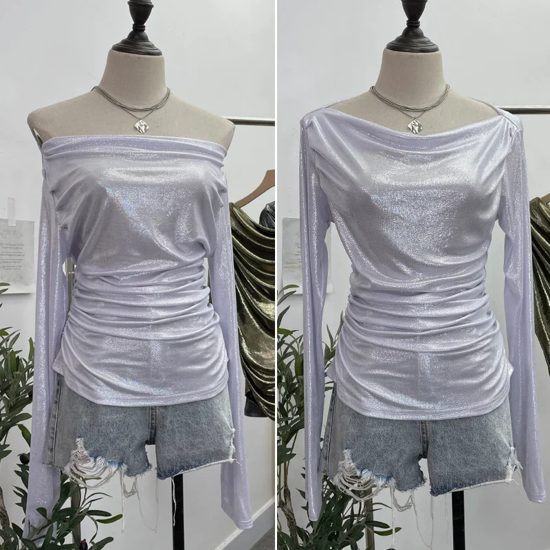 Uveng Real Shooting Stacking Long-Sleeved Pile Folded Shoulder T-Shirt Metal-Sclide T-Shirt 8888