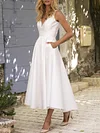White Color V-Neck Backless A-Line Wedding Midi Dress