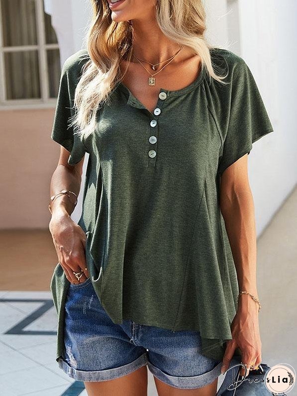 Solid Leisure Comfortable V Neck Irregular T-shirt for Women