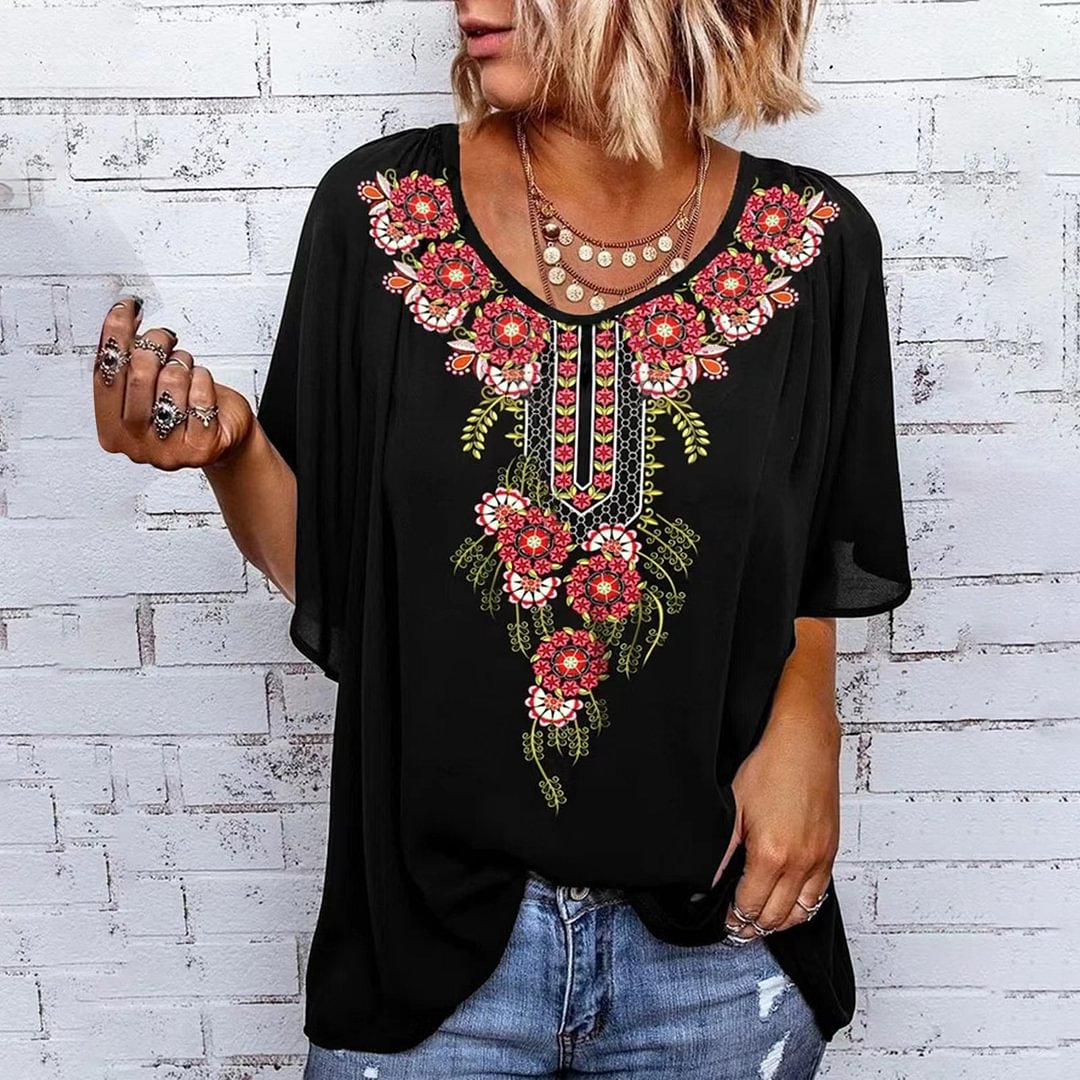 Printed National Wind Lotus Leaf Sleeve T-shirt