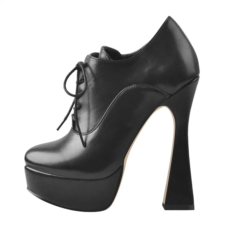 Onlymaker Women Platform Lace-Up Pumps Black PU Patent Leather Faux Suede Spike High Heels Shoes Office Lady Concise For Spring
