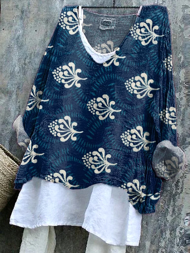 Japanese Floral Tie-Dye Art Linen Blend Shirt