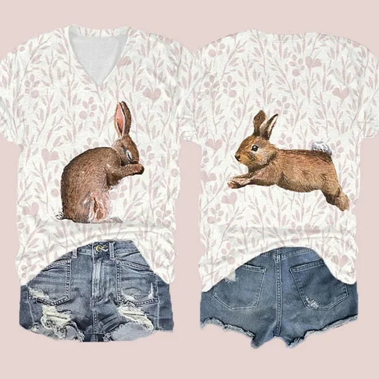VChics Women'S Floral Rabbit Print V-Neck T-Shirt