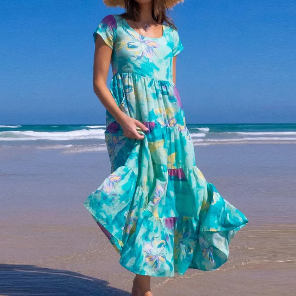 Summer Vintage Dress Women Print Short Sleeve Casual Long Dresses For Women Fashion O Neck Party Dress Plus Size Blue Dress