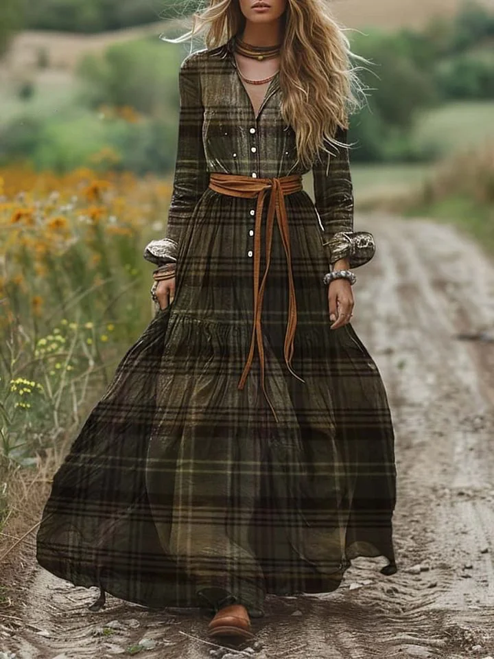 Women's Vintage Shirt Collar Plaid Print Long Sleeve Dress Pocket Cotton Dress