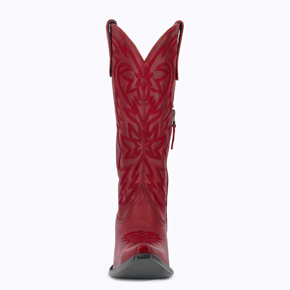 Distressed Block Heel Snip Toe Embroidered Red Cowgirl Boots