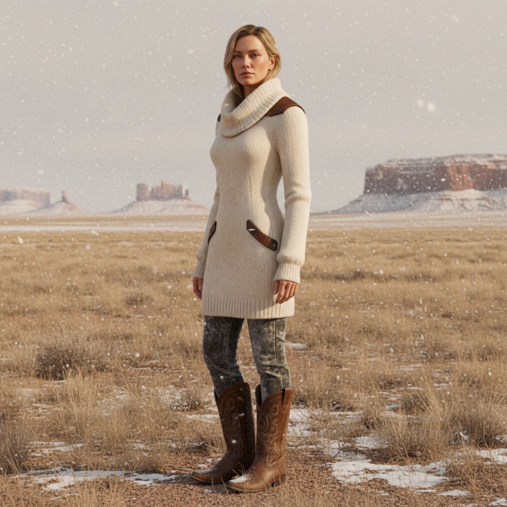 Women's Vintage Cream High Neck Knitted Dress With Leather Accents