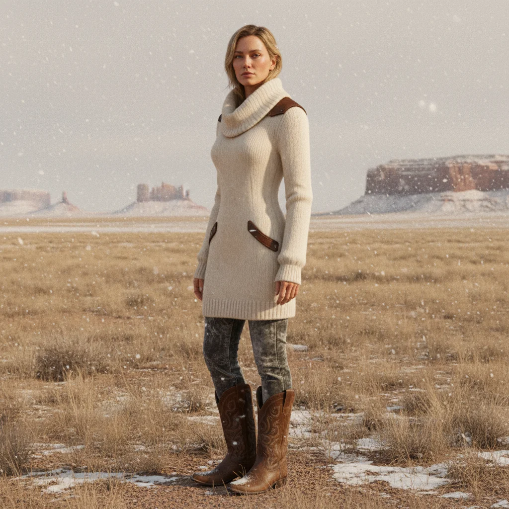 Women's Vintage Cream High Neck Knitted Dress With Leather Accents