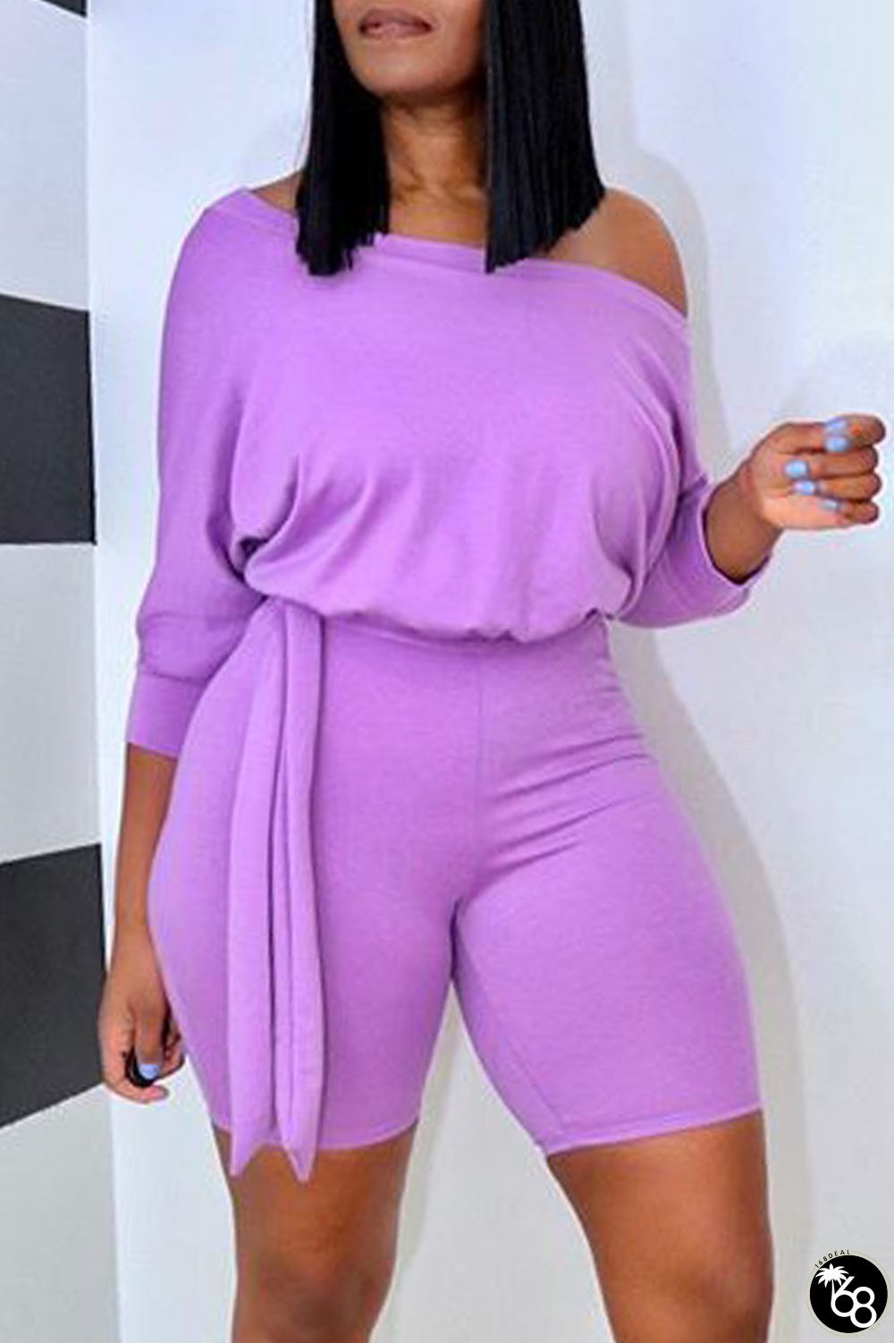 purple Fashion Casual Solid one word collar Rompers | 168DEAL