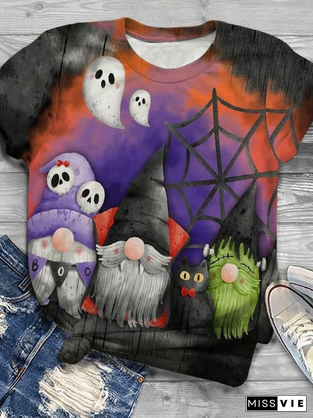 Women'S Halloween Spooky Gnome Print T-Shirt