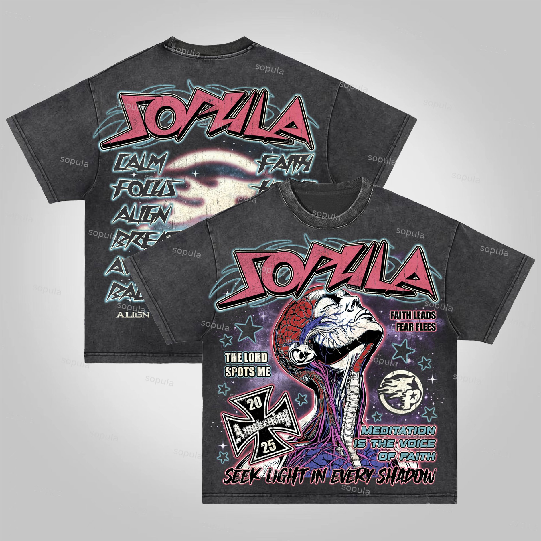 Sopula 2025 Meditation & Faith Vintage Graphic Washed Cotton T-shirt
