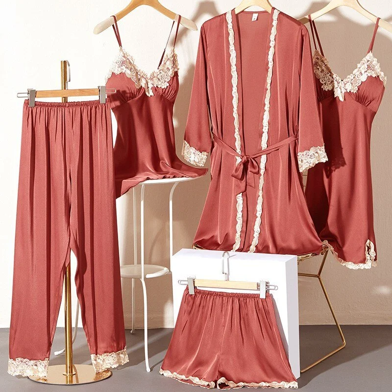 Lace 5PCS Pajamas Set Spring Sleepwear Women Satin Lounge Wear Lingerie Home Clothes  Kimono Bathrobe Gown With Breast Pads