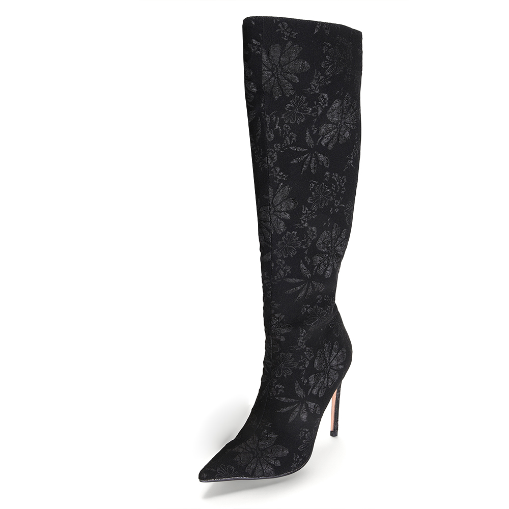 Elegant Black Floral Pattern Pointed Toe Stiletto Heel Tall Boots Nicepairs
